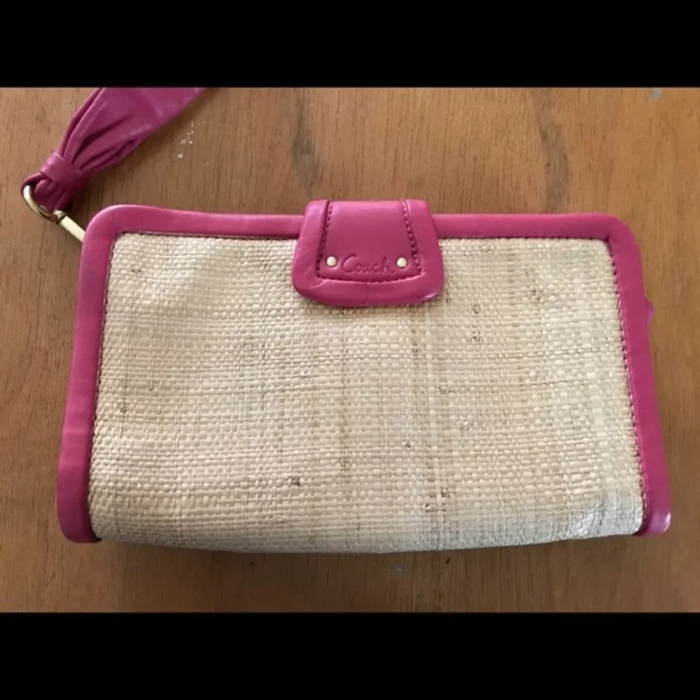 AUTH Coach Spring/Summer Straw Woven Clutch/Wallet Pink/Beige #0060 VINTAGE Y2K